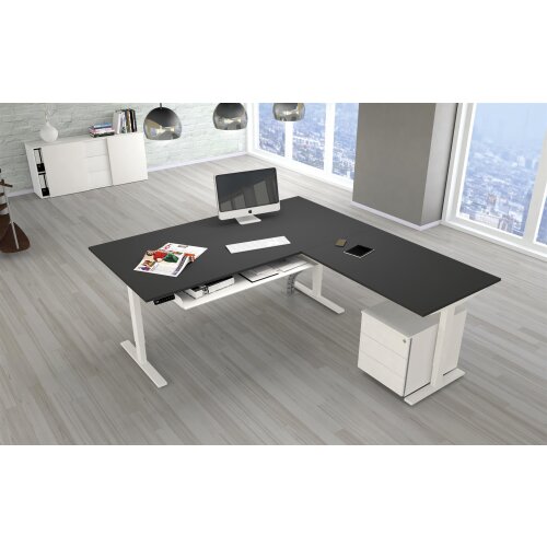 Winkelschreibtisch elektrisch höhenverstellbar Serie ETK3 im Maß: 200 x 220 cm, Dekor: Weiss