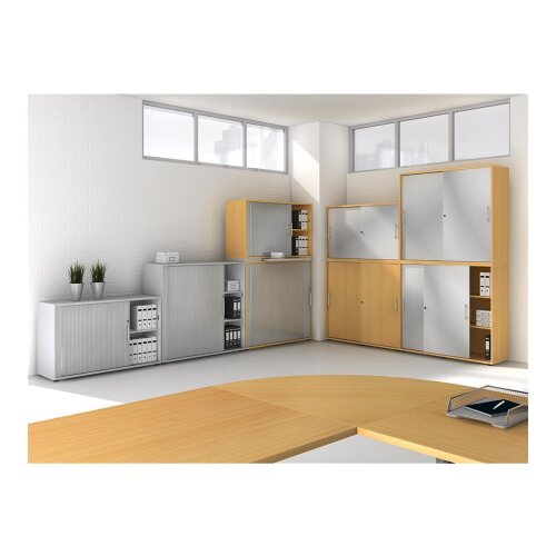 Aktenschrank 5 Ordnerhöhen mit Sockelblende, 80 cm Breit, 200,4 cm Hoch, nicht abschließbar Ahorn/ Silber