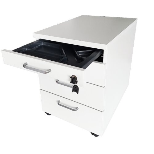Rollcontainer 3 Schubladen + Utensilienauszug 60 cm tief Weiss
