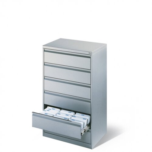 Karteikartenschrank DIN A5 quer, 6 Schubladen zweibahnig, Farbe Korpus:  Schwarzgrau, Farbe Front:  Lichtgrau