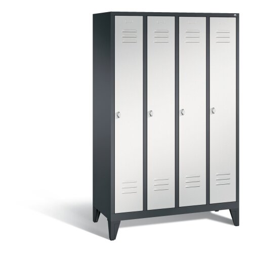 Spind Classic auf Füßen, 4 Abteile, Abteilbreite 300mm, Farbe Korpus: Schwarzgrau, Farbe Front: Lichtgrau