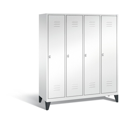 Spind Classic auf Füßen, 4 Abteile, Abteilbreite 400mm, Farbe Korpus: Verkehrsweiß, Farbe Front: Verkehrsweiß