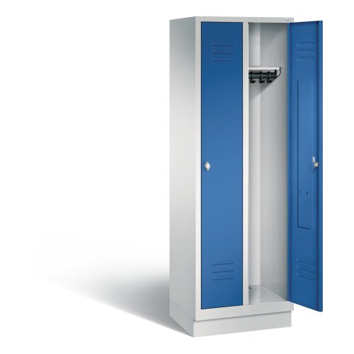 Spind Classic auf Sockel, 2 Abteile, Abteilbreite 300mm, Farbe Korpus: Lichtgrau, Farbe Front: Enzianblau