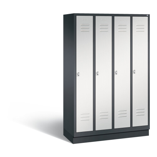 Spind Classic auf Sockel, 4 Abteile, Abteilbreite 300mm, Farbe Korpus: Schwarzgrau, Farbe Front: Lichtgrau