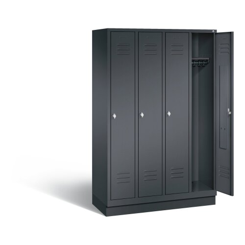 Spind Classic auf Sockel, 4 Abteile, Abteilbreite 300mm, Farbe Korpus: Schwarzgrau, Farbe Front: Schwarzgrau