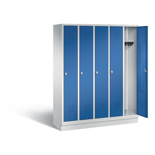 Spind Classic auf Sockel, 5 Abteile, Abteilbreite 300mm, Farbe Korpus: Lichtgrau, Farbe Front: Enzianblau