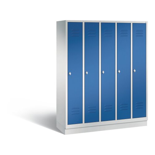 Spind Classic auf Sockel, 5 Abteile, Abteilbreite 300mm, Farbe Korpus: Lichtgrau, Farbe Front: Enzianblau