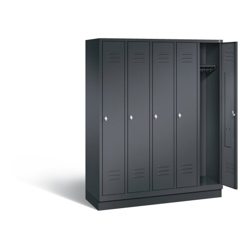 Spind Classic auf Sockel, 5 Abteile, Abteilbreite 300mm, Farbe Korpus: Schwarzgrau, Farbe Front: Schwarzgrau