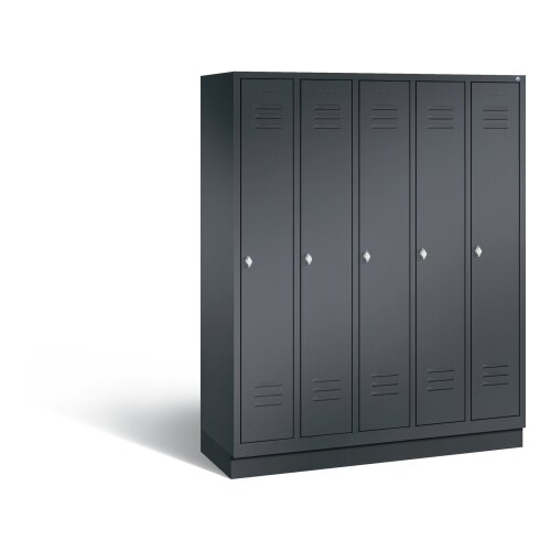 Spind Classic auf Sockel, 5 Abteile, Abteilbreite 300mm, Farbe Korpus: Schwarzgrau, Farbe Front: Schwarzgrau