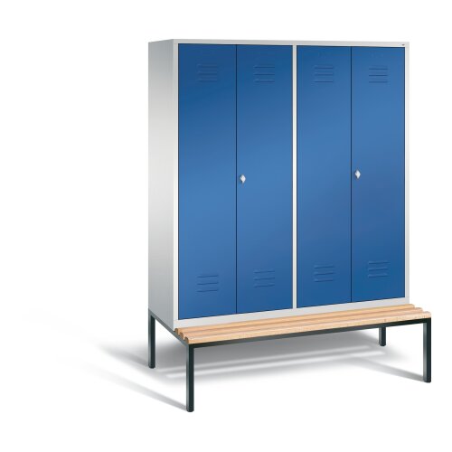 Spind Classic mittig schliessend auf Unterbausitzbank, 4 Abteile für 2 Personen, Abteilbreite 400mm, Farbe Korpus: Lichtgrau, Farbe Front: Enzianblau