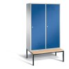Doppelspind Classic auf Sitzbank, 4 Abteile mit 2 Türen, Abteilbreite 300mm, Farbe Korpus: Lichtgrau, Farbe Front: Enzianblau