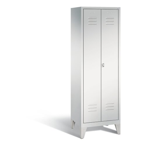 Stahl Besen Putzmittelschrank auf Füssen, 2 Abteile, Abteilbreite 300 mm, Farbe Korpus: Lichtgrau, Farbe Front: Lichtgrau