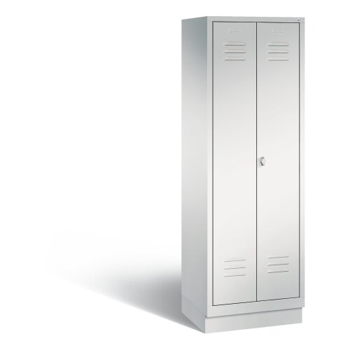 Stahl Besen Putzmittelschrank auf Sockel, 2 Abteile, Abteilbreite 300 mm, Farbe Korpus: Lichtgrau, Farbe Front: Lichtgrau