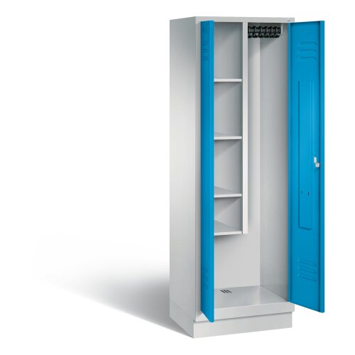 Stahl Besen Putzmittelschrank auf Sockel, 2 Abteile, Abteilbreite 300 mm, Farbe Korpus: Lichtgrau, Farbe Front: Lichtblau