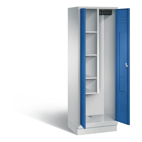 Stahl Besen Putzmittelschrank auf Sockel, 2 Abteile, Abteilbreite 300 mm, Farbe Korpus: Lichtgrau, Farbe Front: Enzianblau