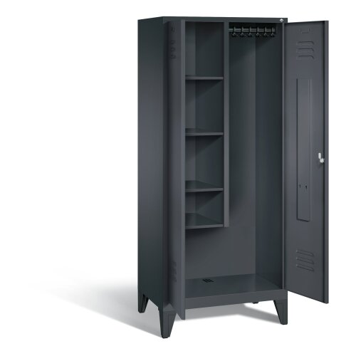 Stahl Besen Putzmittelschrank auf Füßen, 2 Abteile, Abteilbreite 400mm, , Farbe Korpus: Schwarzgrau, Farbe Front: Schwarzgrau