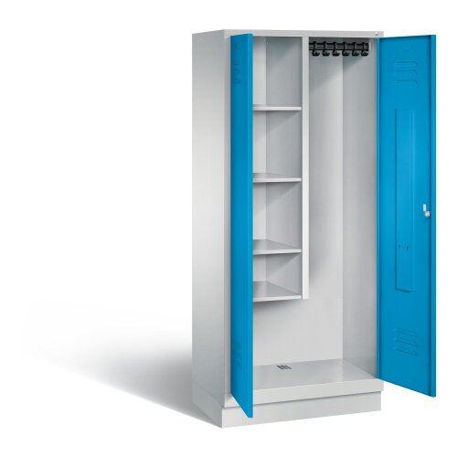 Stahl Besen Putzmittelschrank auf Sockel, 2 Abteile, Abteilbreite 400mm, , Farbe Korpus: Lichtgrau, Farbe Front: Lichtblau