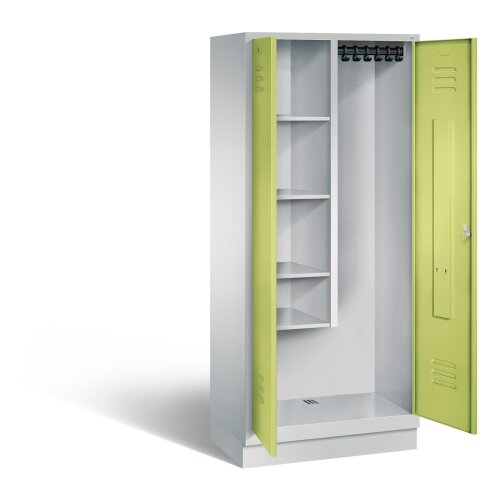 Stahl Besen Putzmittelschrank auf Sockel, 2 Abteile, Abteilbreite 400mm, , Farbe Korpus: Lichtgrau, Farbe Front: Viridingrün