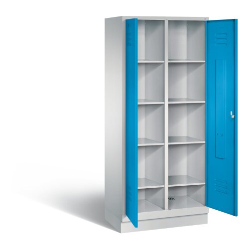 Wäsche- und Aufbewahrungsschrank Classic auf Sockel 2 Abteile mittig schliessend 81 cm breit,, Farbe Korpus: Lichtgrau, Farbe Front: Lichtblau