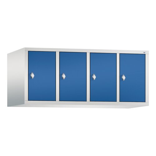 Spind Aufsatzschrank Classic, 4 Abteile, Abteilbreite 300mm, H500xB1190XT500, Farbe Korpus: Lichtgrau, Farbe Front: Enzianblau