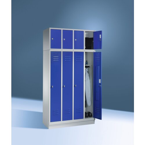 Spind Aufsatzschrank Classic, 4 Abteile, Abteilbreite 400mm, H500xB1590XT500, Farbe Korpus: Lichtgrau, Farbe Front: Viridingrün