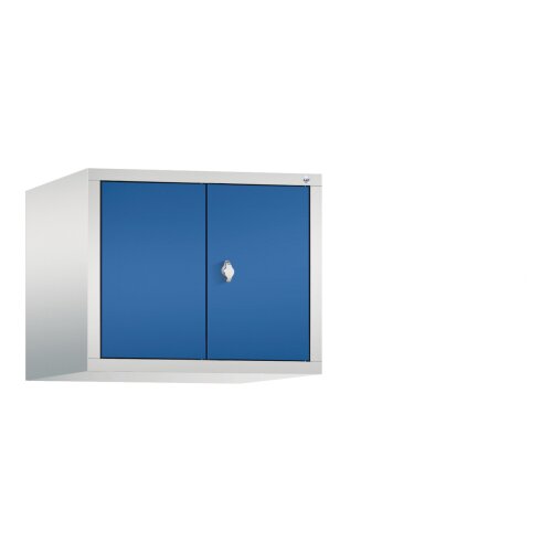 Spind Aufsatzschrank Classic, 2 Abteile mittig schliessend, Abteilbreite 300mm, Farbe Korpus: Lichtgrau, Farbe Front: Enzianblau