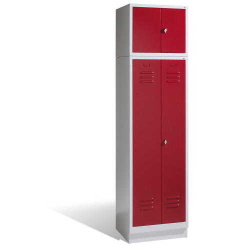 Spind Aufsatzschrank Classic, 4 Abteile mittig schliessend, Abteilbreite 400mm,  Farbe Korpus: Lichtgrau, Farbe Front: Enzianblau