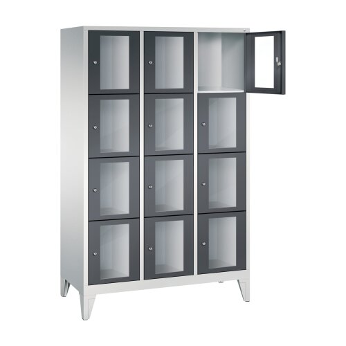 Schliessfachschrank Classic mit Sichtfenstertüren, auf Füßen, 12 Fächer, Abteilbreite 400 mm, Farbe Korpus: Lichtgrau, Farbe Front: Schwarzgrau