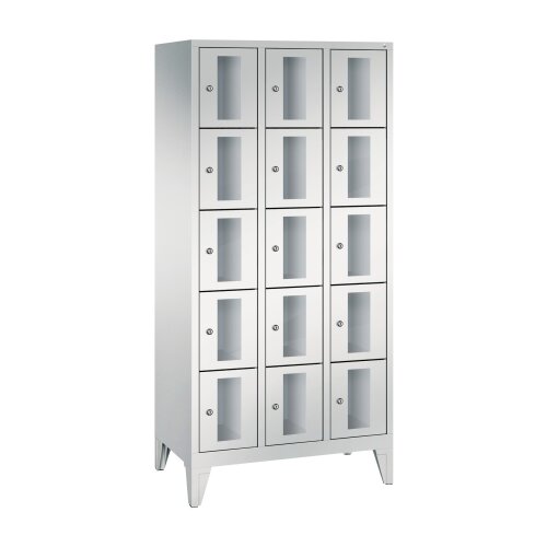 Fächerschrank Classic mit Sichtfenstertüren, auf Füßen, 15 Fächer, Abteilbreite 300 mm, Farbe Korpus: Lichtgrau, Farbe Front: Lichtgrau
