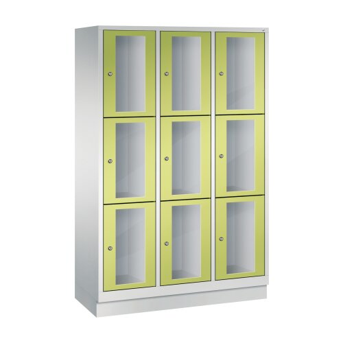 Fächerschrank Classic mit Sichtfenstertüren, auf Sockel, 9 Fächer, Abteilbreite 400 mm, Farbe Korpus: Lichtgrau, Farbe Front: Viridingrün