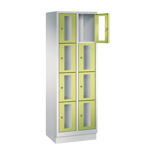 Fächerschrank Classic mit Sichtfenstertüren, auf Sockel, 8 Fächer, Abteilbreite 300 mm, Farbe Korpus: Lichtgrau, Farbe Front: Viridingrün