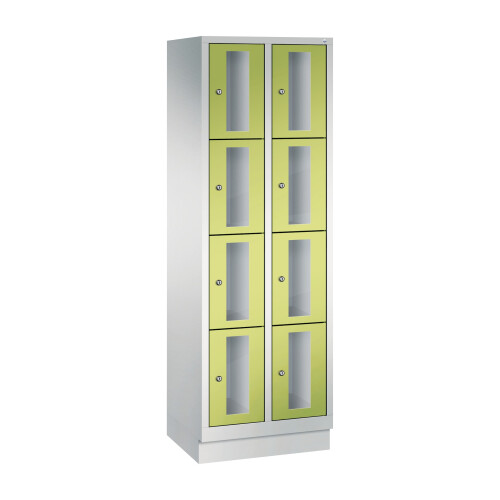 Fächerschrank Classic mit Sichtfenstertüren, auf Sockel, 8 Fächer, Abteilbreite 300 mm, Farbe Korpus: Lichtgrau, Farbe Front: Viridingrün
