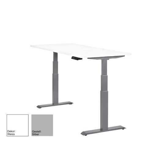 Schreibtisch elektrisch höhenverstellbar Serie EHT3, Dekor Weiss, Gestell Silber, Maß: 65-130 h. x 80 t. x 140 br. cm