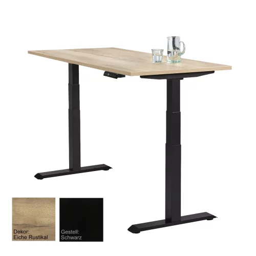 Schreibtisch elektrisch höhenverstellbar Serie EHT3, Dekor Eiche Rustikal, Gestell Schwarz, Maß: 65-130 h. x 80 t. x 140 br. cm