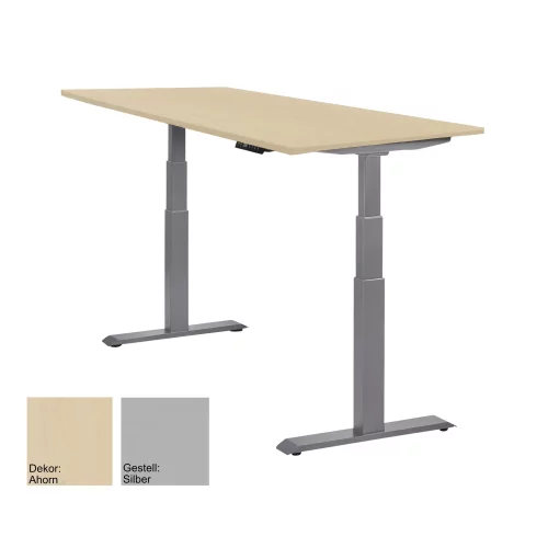 Schreibtisch elektrisch höhenverstellbar Serie EHT3, Dekor Ahorn, Gestell Silber, Maß: 65-130 h. x 80 t. x 160 br. cm