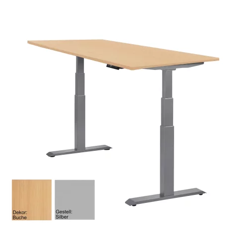 Schreibtisch elektrisch höhenverstellbar Serie EHT3, Dekor Buche, Gestell Silber, Maß: 65-130 h. x 80 t. x 180 br. cm