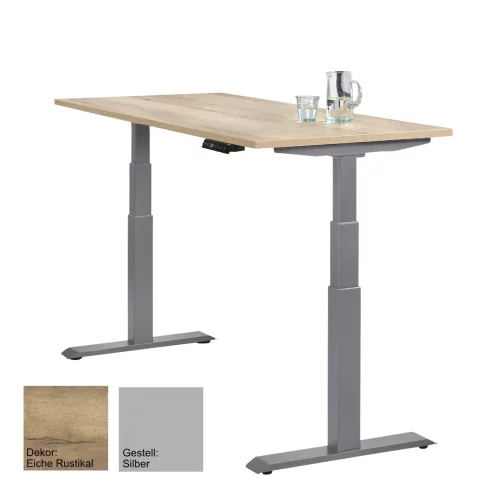 Schreibtisch elektrisch höhenverstellbar Serie EHT3, Dekor Eiche Rustikal, Gestell Silber, Maß: 65-130 h. x 100 t. x 200 br. cm