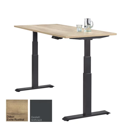 Schreibtisch elektrisch höhenverstellbar Serie EHT3, Dekor Eiche Rustikal, Gestell Anthrazit, Maß: 65-130 h. x 100 t. x 200 br. cm