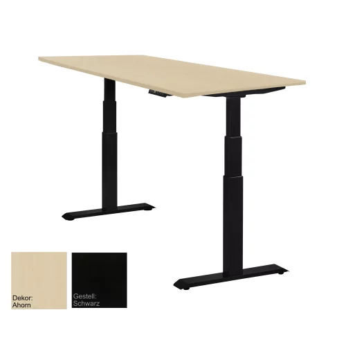 Schreibtisch elektrisch höhenverstellbar Serie EHT3, Dekor Ahorn, Gestell Schwarz, Maß: 65-130 h. x 100 t. x 200 br. cm