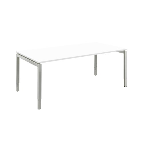 Schreibtisch Serie E1 höhenverstellbar, Dekor Weiss, Gestell Silber, Maß: 62-85 h. x 80 t. x 140 br. cm