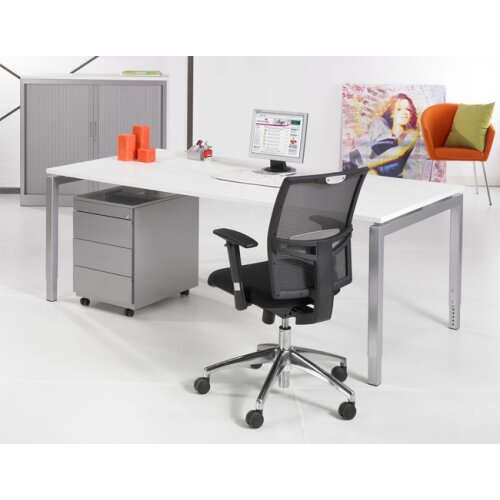Schreibtisch Serie E1 höhenverstellbar, Dekor Weiss, Gestell Silber, Maß: 62-85 h. x 80 t. x 160 br. cm