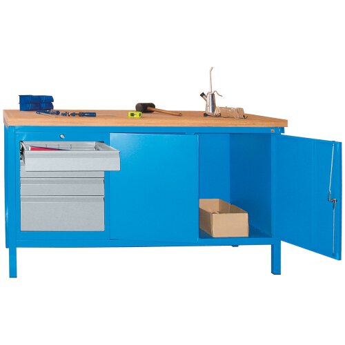 Werkbank mit 4 Schubladen links und einem Werkzeugschrank rechts, Breite 150 cm