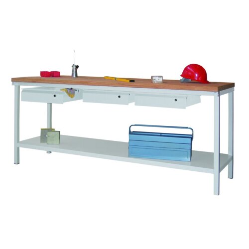 Werkbank mit 3 Schubladen mittig nebeneinander, Breite 200 cm