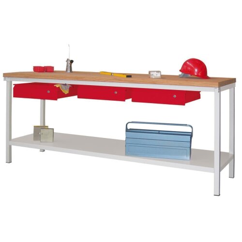 Werkbank mit 3 Schubladen mittig nebeneinander, Breite 200 cm
