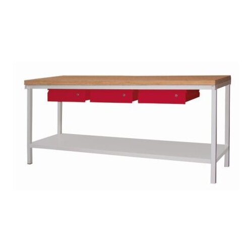 Werkbank mit 3 Schubladen mittig nebeneinander, Breite 200 cm