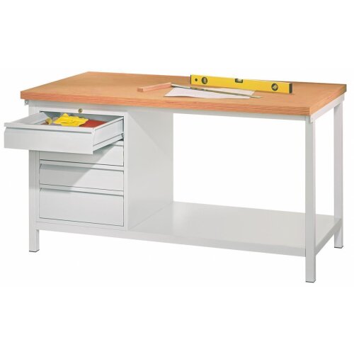 Werkbank  mit 4 Schubladen links, Breite 150 cm Gestell Lichtgrau, Front Lichtgrau