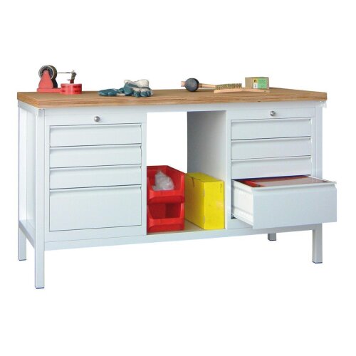 Werkbank  mit 8 Schubladen, 4 je rechts und links, Breite 150 cm Gestell Lichtgrau, Front Lichtgrau