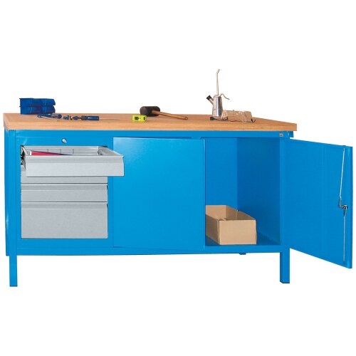 Werkbank mit 4 Schubladen links und einem Werkzeugschrank rechts, Breite 150 cm Gestell Lichtgrau, Front Lichtgrau