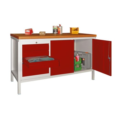 Werkbank mit 4 Schubladen links und einem Werkzeugschrank rechts, Breite 150 cm Gestell Lichtgrau, Front Lichtgrau