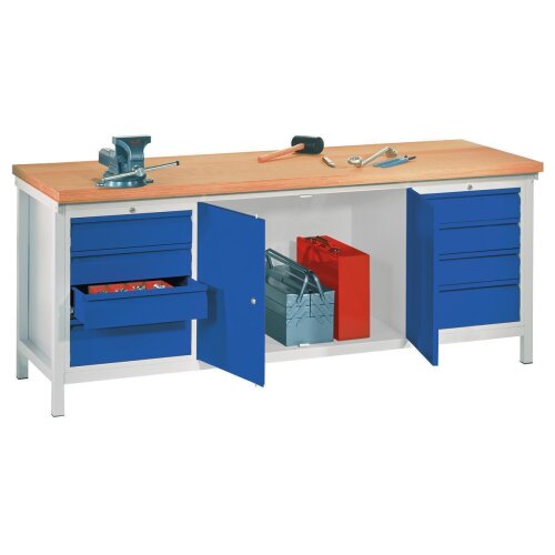 Werkbank mit 8 Schubladen, 4 Schubladen rechts und links, sowie 1 Werkzeugschrank mittig, Breite 200 cm Gestell Lichtgrau, Front Lichtgrau